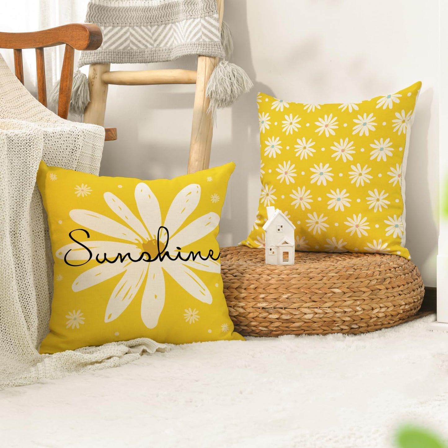 AVOIN colorlife Hello Sunshine Summer Yellow Throw Pillow Covers, 18 x 18 Inch Home Sweet Home Daisy Stripes Cushion Case for Sofa Couch Set of 4