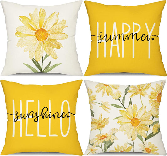 DFXSZ Summer Pillow Covers 20x20 Set of 4 Watercolor Daisy Throw Pillow Covers Hello Sunshine Summer Yellow Outdoor Décor Cushion Case Decoration for Home Couch Chair Sofa