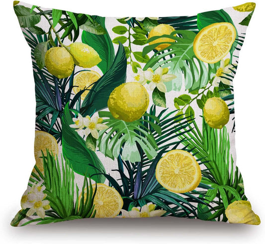 TSSOHU Farmhouse Decoration Throw Pillow Cover, Lemons Pillow Cover 18x18 Inch, Flowers and Tropical Leaves Pillowcase Summer Outdoor Cushion Covers for Bed, Living Room, Couch