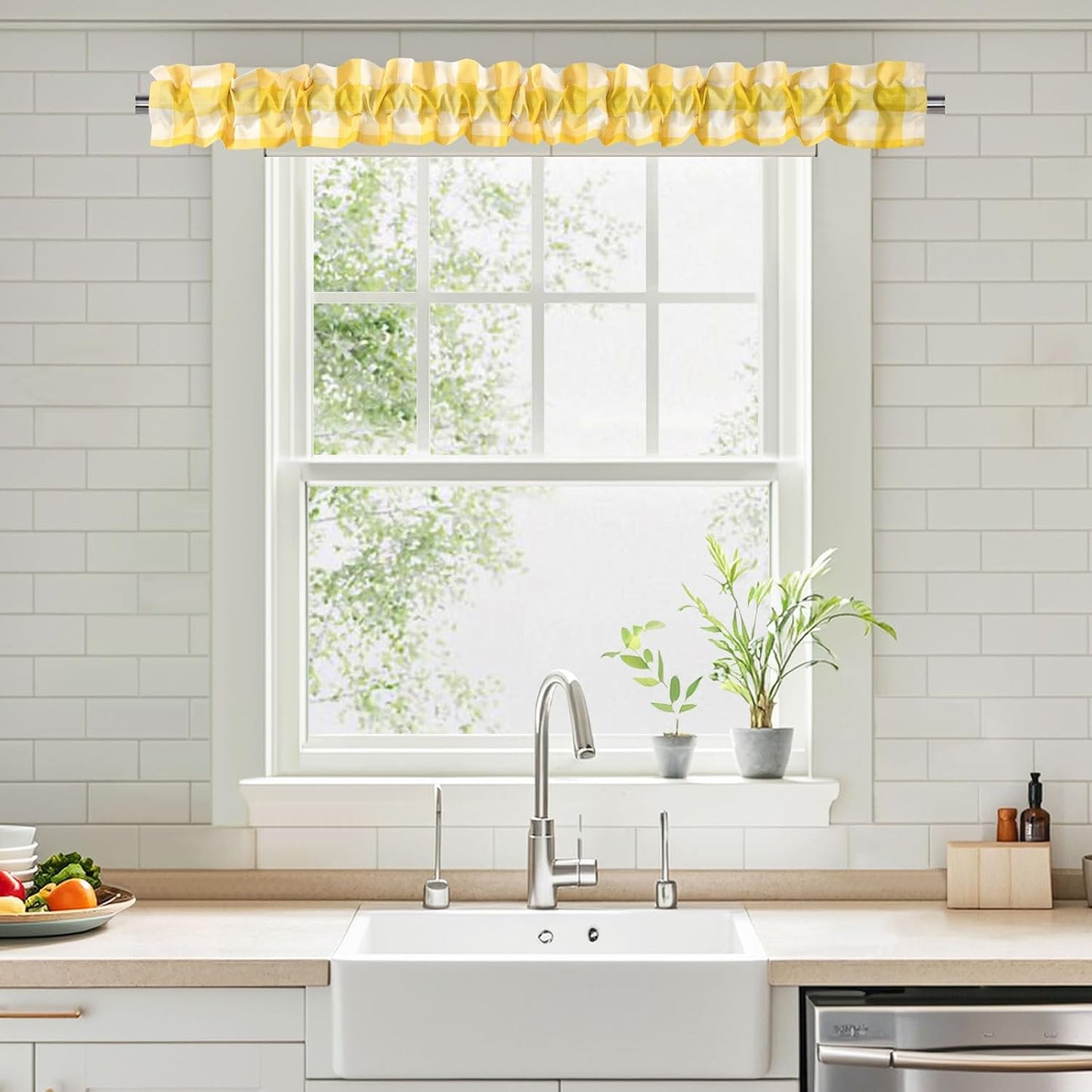 XWZO Sleeve Topper with Top Bottom Ruffle Sleeves Valances Home Décor Window Treatment Bedroom Nursery Kitchen Window Curtain Header, 58" x 5",1 Piece, Checkered-Yellow & White