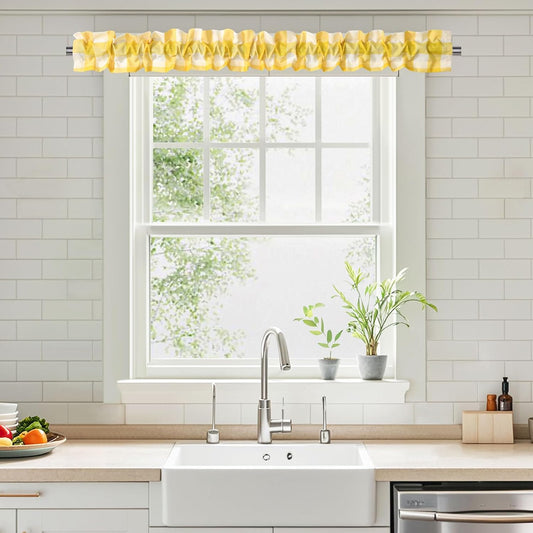 XWZO Sleeve Topper with Top Bottom Ruffle Sleeves Valances Home Décor Window Treatment Bedroom Nursery Kitchen Window Curtain Header, 58" x 5",1 Piece, Checkered-Yellow & White