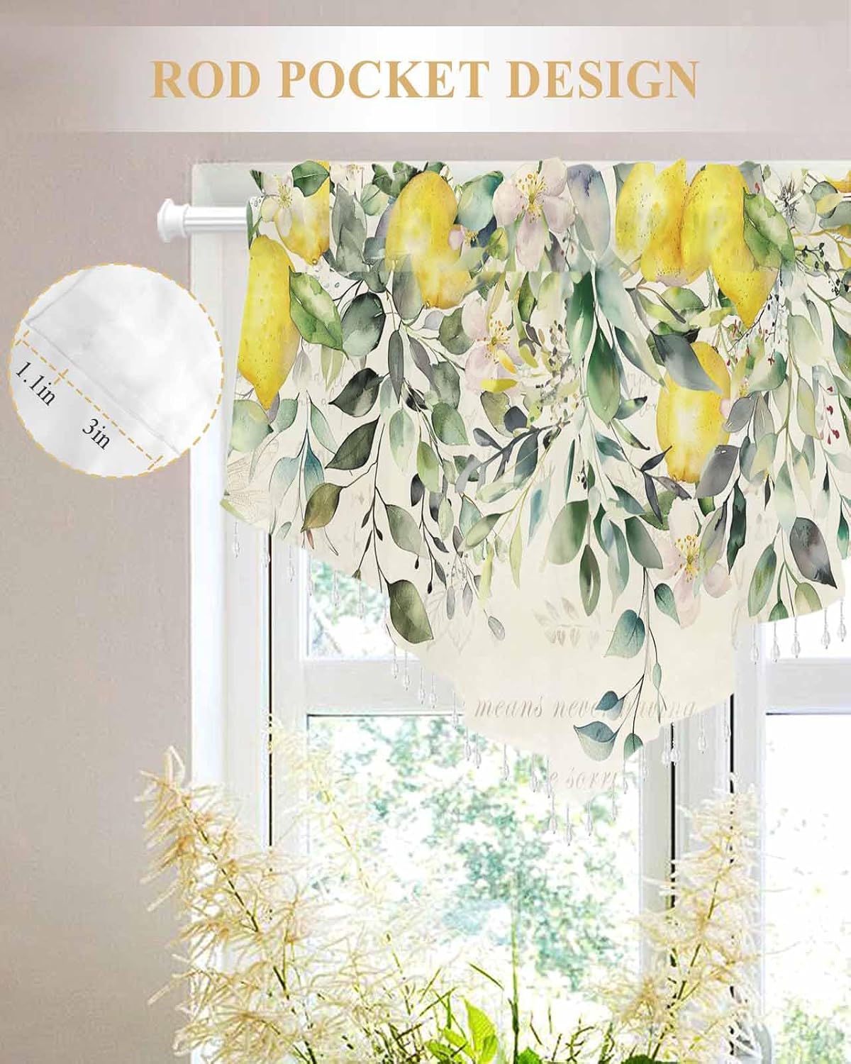 Summer Lemon Floral Beaded Sheer Curtains for Windows, Rod Pocket Triangle Semi Sheer Swag Valance Sage Green Eucalyptus Leaves Botanical Tassel Bead Trim Toppers Window Treatment Panel 52''x18'' 1PCS
