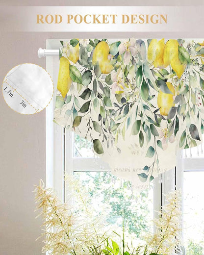 Summer Lemon Floral Beaded Sheer Curtains for Windows, Rod Pocket Triangle Semi Sheer Swag Valance Sage Green Eucalyptus Leaves Botanical Tassel Bead Trim Toppers Window Treatment Panel 52''x18'' 1PCS