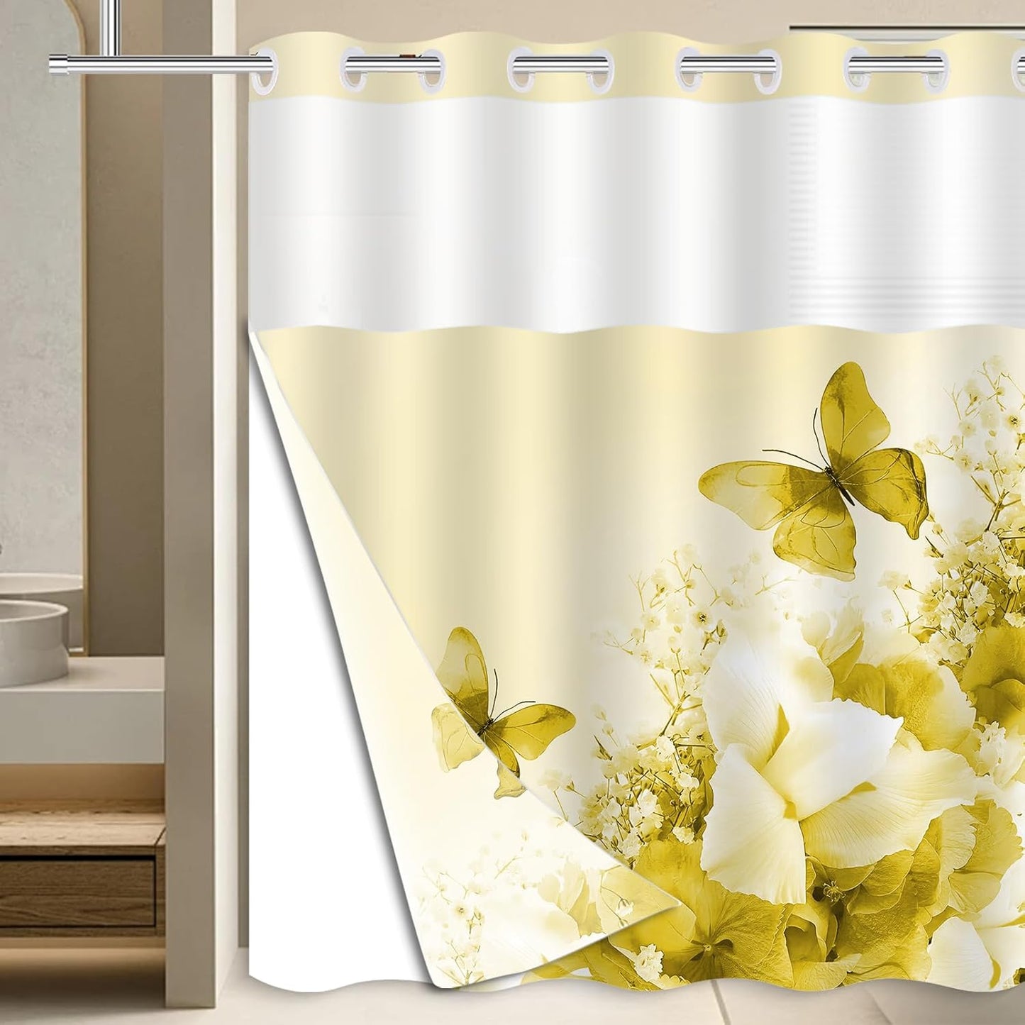 No Hook Yellow Shower Curtain with Snap in Fabric Liner Set,Nature Double Layers Waterproof Fabric,Flowers and Butterfly Shower Curtains for Bathroom Clearance 71x74