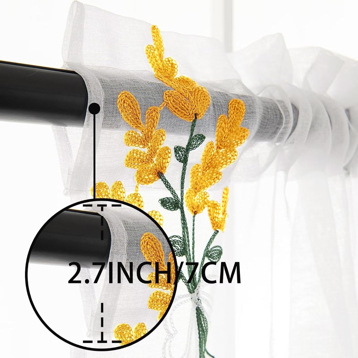 Floral Sheer Curtains Embroidered Lavender Patterned Semi-Sheer Curtain 84 Inches Long 2 Panels Rod Pocket Spring Voile Drapes for Living Room, Bedroom(W52 x L84 Inch, White&Yellow)