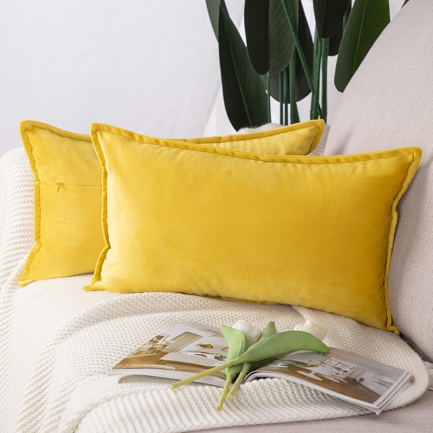 MADIZZ Set of 2 Super Soft Velvet Decorative Throw Pillow Covers 12x20 inch Lemon Yellow Rectangular with Fringe Luxury Style Cushion Case Pillow Shell for Sofa Bedroom