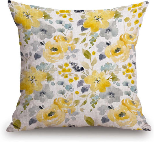 TSSOHU Throw Pillow Cover Black Floral Watercolor Bright Summer Pattern Yellow and Blue Abstract Flowers Gray Simple Botanica Home Decor Pillowcase for Sofa 18x18 Inches