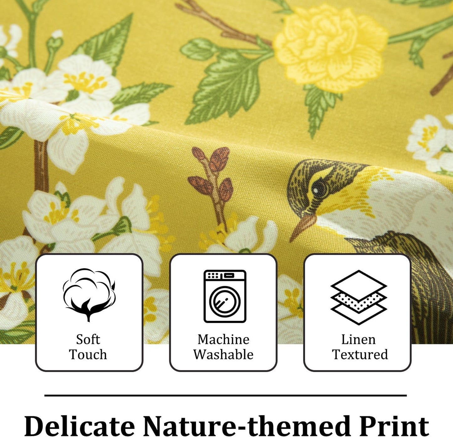 Leeva Farmhouse Style Yellow Floral Valance Curtains, 52x18 Rod Pocket Window Treatment for Kitchen Living Room Bedroom, Linen Textured Bird Print