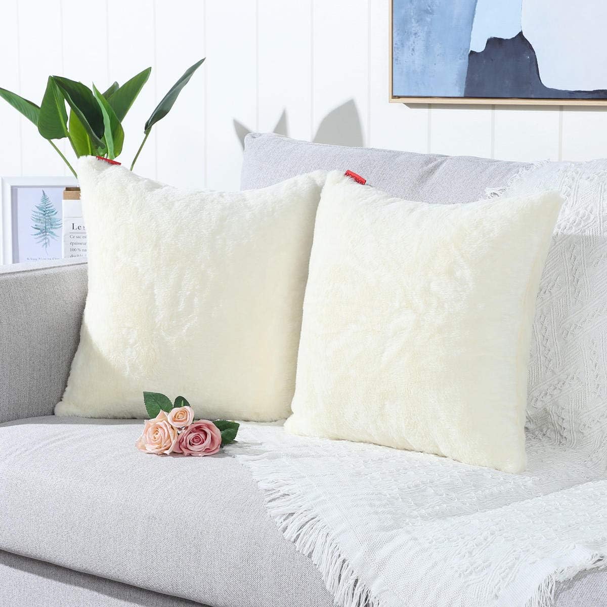 MANDIOO Pack of 2 Cream Yellow Faux Fur Fuzzy Cozy Soft Decorative Throw Pillow Covers Set Cushion Cases Pillowcases for Sofa Bedroom Car 18x18 Inches
