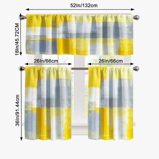 Lnond Yellow Grey Kitchen Curtains and Valances Set,52x36 Inch Semi-Sheer Rod Pocket Kitchen Curtain Valance and Tiers Set, 3 Pcs Abstract Art Kitchen Decor Small Cafe Curtains Bathroom Curtain