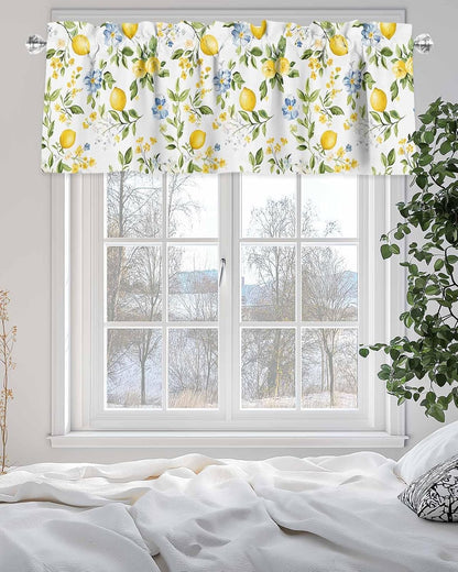 Lemon Valances for Windows/Bedroom/Living Room/Kitchen/Cafe, Blue Yellow Flower Lemon Summer Semi Sheer Small Curtain Valance Rod Pocket Light Filtering Window Treatment, 60" x 18"