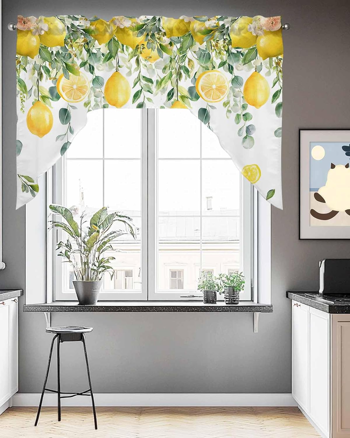 Yellow Lemon Swag Valances for Windows, Summer Fruit Swag Curtains for Kitchen, Living Room, Green Eucalyptus Leaf Flower Small Window Treatments Drapes Curtains for Cafe, Bathroom, Bedroom, 56"x36"