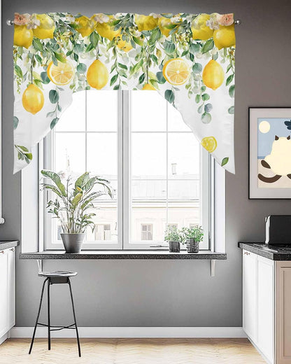 Yellow Lemon Swag Valances for Windows, Summer Fruit Swag Curtains for Kitchen, Living Room, Green Eucalyptus Leaf Flower Small Window Treatments Drapes Curtains for Cafe, Bathroom, Bedroom, 56"x36"