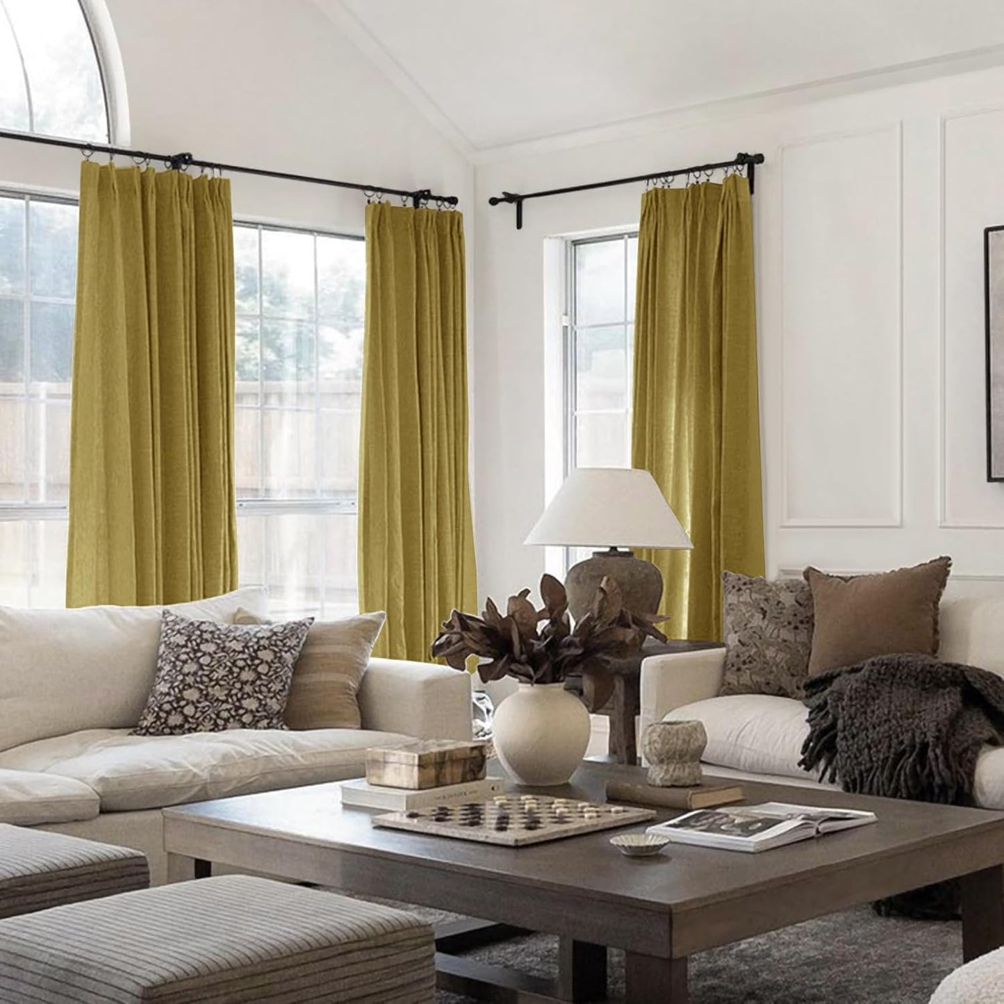 TWOPAGES Linen Cotton Double Layer Curtain 96 Inches Long Light Filtering Pinch Pleated Drape for Living Room Bedroom Soft Curtain for Traverse Rod, 26Wx96L Inches, Mustard Yellow, 1 Panel