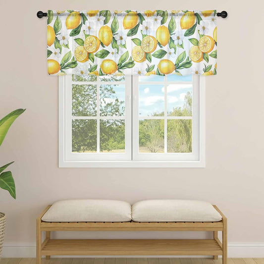 Summer Sheer Curtain 18 Inch Long Lemon Floral Leaves Watercolor Fruit Light Filtering Rod Pocket Voile Curtain Valance for Bedroom Kitchen Cafe Window 54" W x 18" L