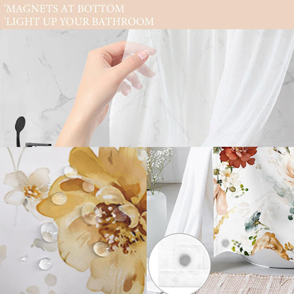 Tititex No Hooks Snap in Liner Rustic Red Yellow Pink Floral Shower Curtain, Hotel Luxury Double Layers Waterproof Fabric & See-Through Top Window Bathroom Decorative 72x72 Inch