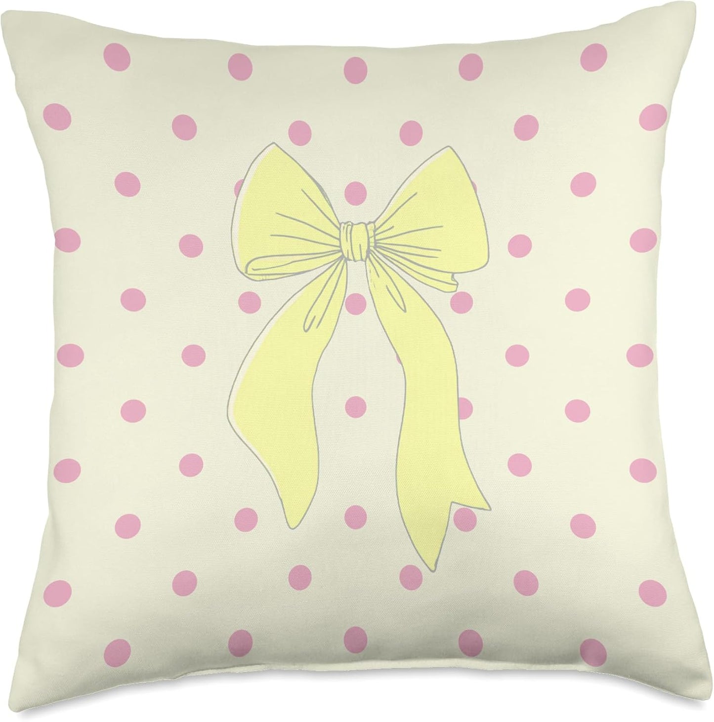 Creamy Yellow Bow Polka Dot Pink Coquette Aesthetic Art Throw Pillow