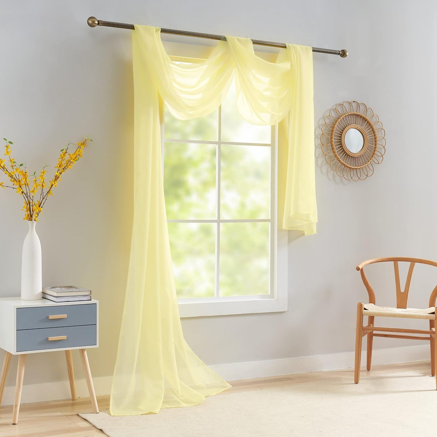 Luvyohmee Light Yellow Scarf Valances for Windows - Sheer Window Scarf Valance, 144 Inch Curtain Scarf Swag Curtains, Sheer Valances for Windows Fabric for Draping, Bed Canopy Curtains 52Wx144L