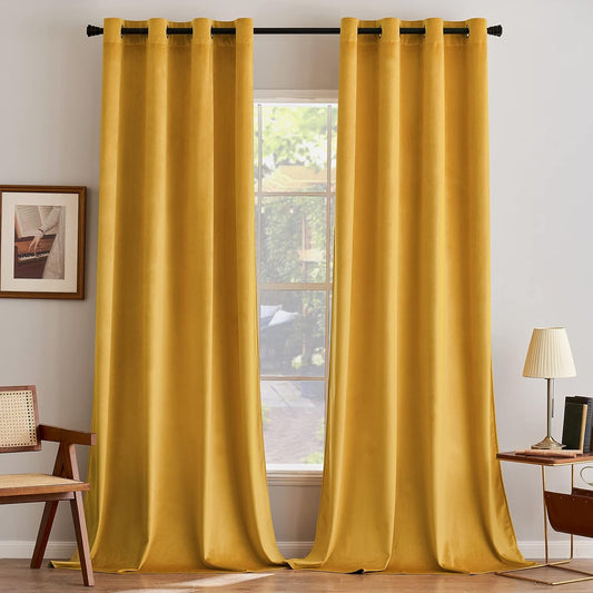 ANRODUO Mustard Yellow Velvet Curtains 96 Inches Long Blackout Thermal Insulated Soundproof Curtain Privacy Room Darkening Curtains Grommet Window Drapes for Bedroom Living Room Set of 2