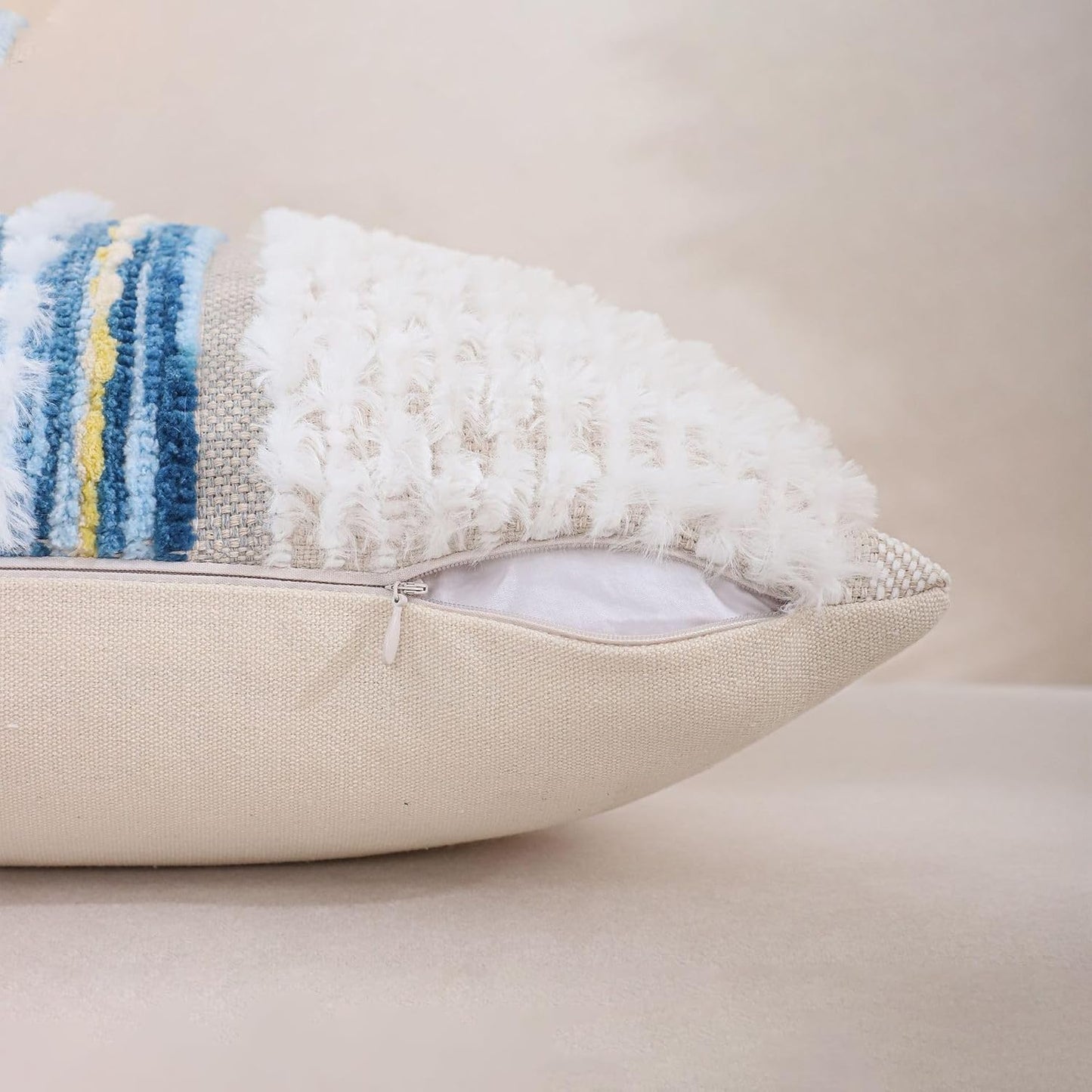 18x18 Inch Boho Pillow Covers Set of 2 Chenille Throw Pillow Cases for Couch Farmhouse Decorative Striped Cushion Covers for Sofa Bedroom Living Room (Blue Yellow)