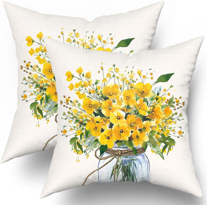 Yellow Flower Throw Pillow Cover 18x18inch 2 Packs Spring Watercolor Floral Jar Vase Cotton Cushion Case Summer Seasonal Farmhouse Pillowcase for Sofa Couch Home Patio