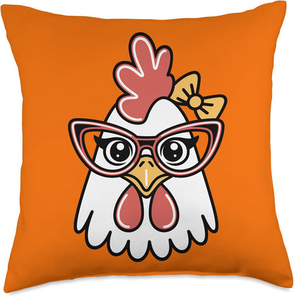 Cute Chicken Face with Glasses and Yellow Bow Throw Pillow