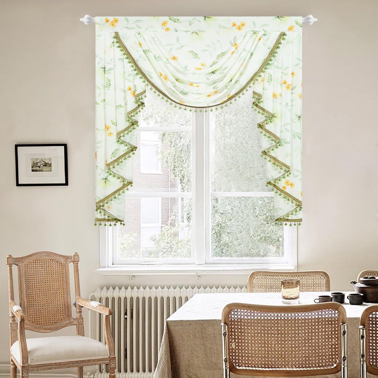 Leeva Waterfall Valance Sheers for Windows - Elegant Yellow Flower & Green Plant Print Valances, Soft Touch Swag Design, 39 Inches Wide, Perfect for Living Room & Bedroom