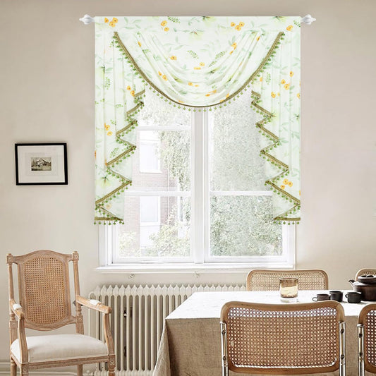 Leeva Waterfall Valance Sheers for Windows - Elegant Yellow Flower & Green Plant Print Valances, Soft Touch Swag Design, 39 Inches Wide, Perfect for Living Room & Bedroom