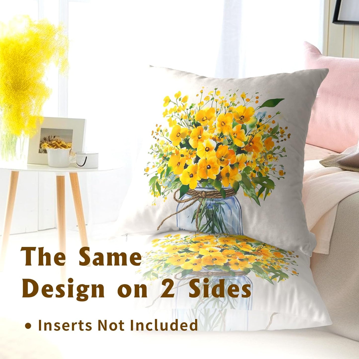Yellow Flower Throw Pillow Cover 18x18inch 2 Packs Spring Watercolor Floral Jar Vase Cotton Cushion Case Summer Seasonal Farmhouse Pillowcase for Sofa Couch Home Patio