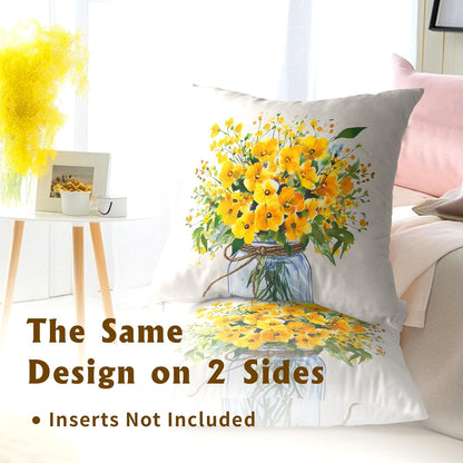 Yellow Flower Throw Pillow Cover 18x18inch 2 Packs Spring Watercolor Floral Jar Vase Cotton Cushion Case Summer Seasonal Farmhouse Pillowcase for Sofa Couch Home Patio