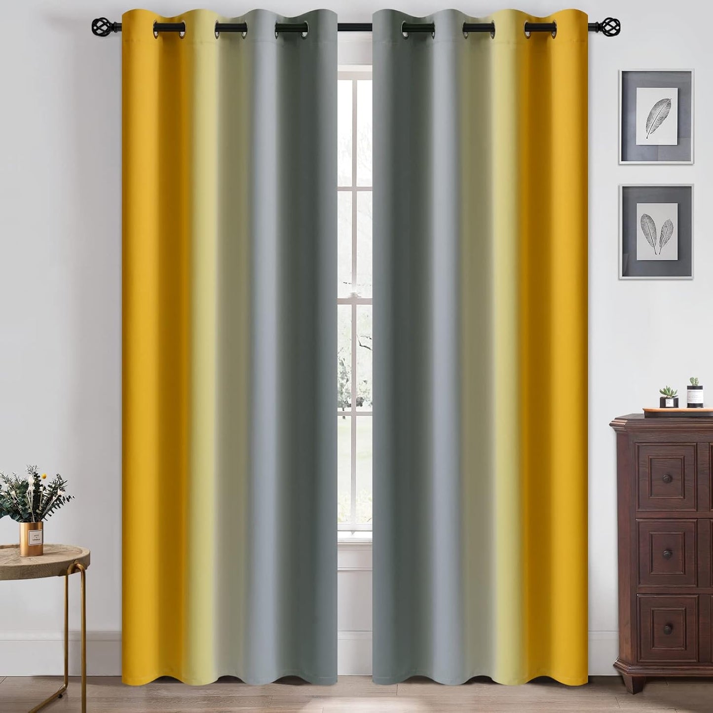 Yakamok Ombre Yellow and Grey Curtains for Bedroom, Gradient Room Darkening Curtains 84 inches long,Grommet Thermal Insulated Light Blocking Window Drapes/Curtain for Living Room,52 x 84 Inch,2 Panels