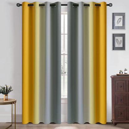 Yakamok Ombre Yellow and Grey Curtains for Bedroom, Gradient Room Darkening Curtains 84 inches long,Grommet Thermal Insulated Light Blocking Window Drapes/Curtain for Living Room,52 x 84 Inch,2 Panels