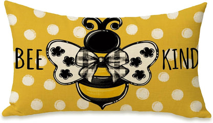 Fahrendom Spring Honey Bee Kind Lumbar Decorative Rectangle Pillow Cover 12 x 20, Summer Bumble Bee Yellow Porch Patio Outdoor Pillowcase, Polka Dots Seasonal Sofa Couch Cushion Case Home Decor