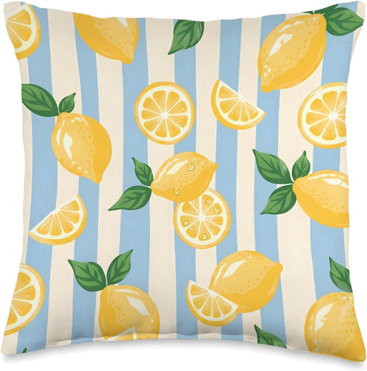 Retro Blue Stripes Lemon Tropical Summer Citrus Decorations Throw Pillow