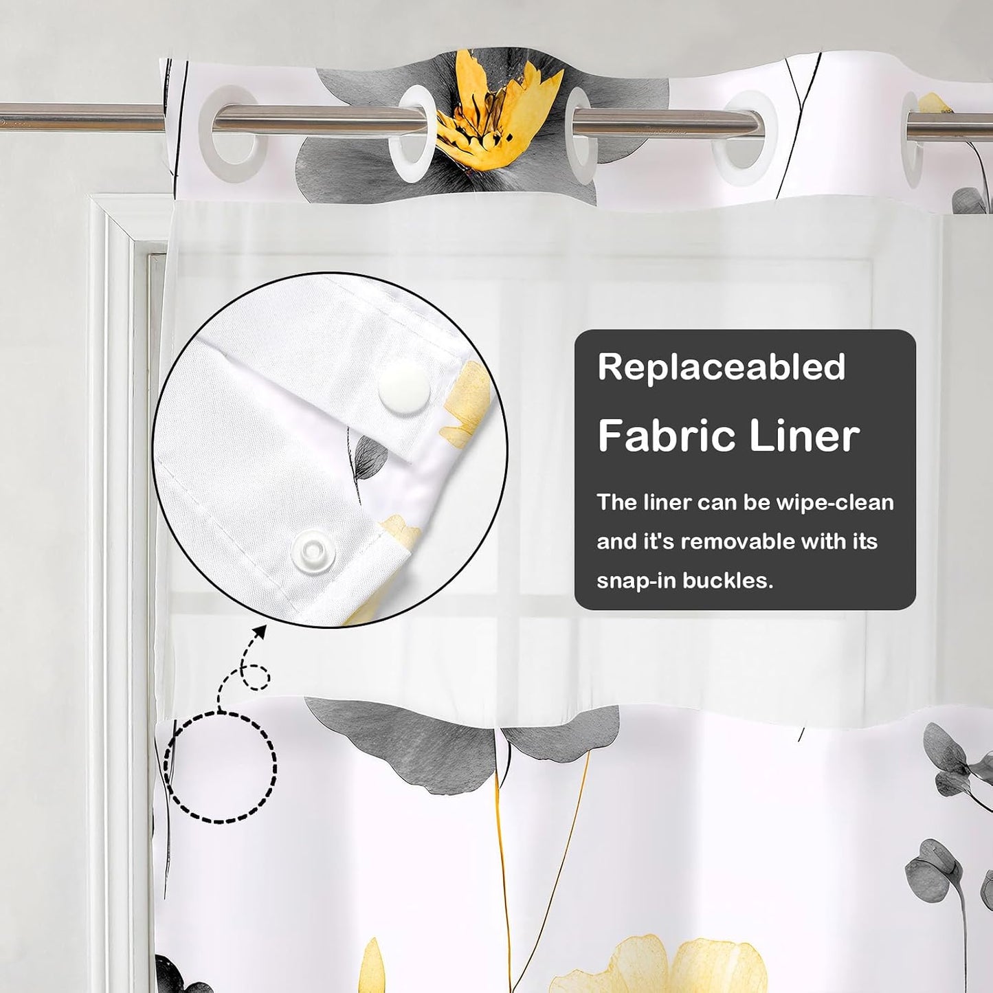 No Hook Floral Shower Curtains with Snap-in Liner Set for Bathroom, Hotel Style Double Layers with See Through Mesh Top Window, Yellow Grey Flower Fabric Bath Curtain Home Décor, 71x86 Inch
