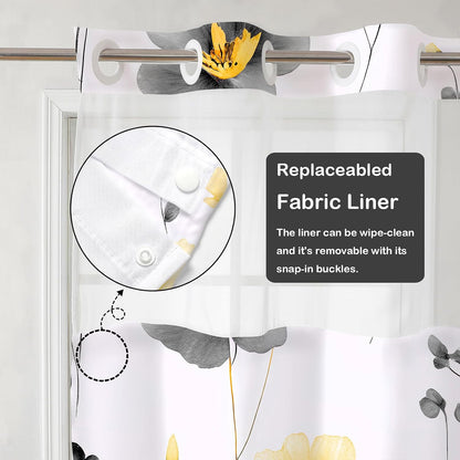 No Hook Floral Shower Curtains with Snap-in Liner Set for Bathroom, Hotel Style Double Layers with See Through Mesh Top Window, Yellow Grey Flower Fabric Bath Curtain Home Décor, 71x86 Inch