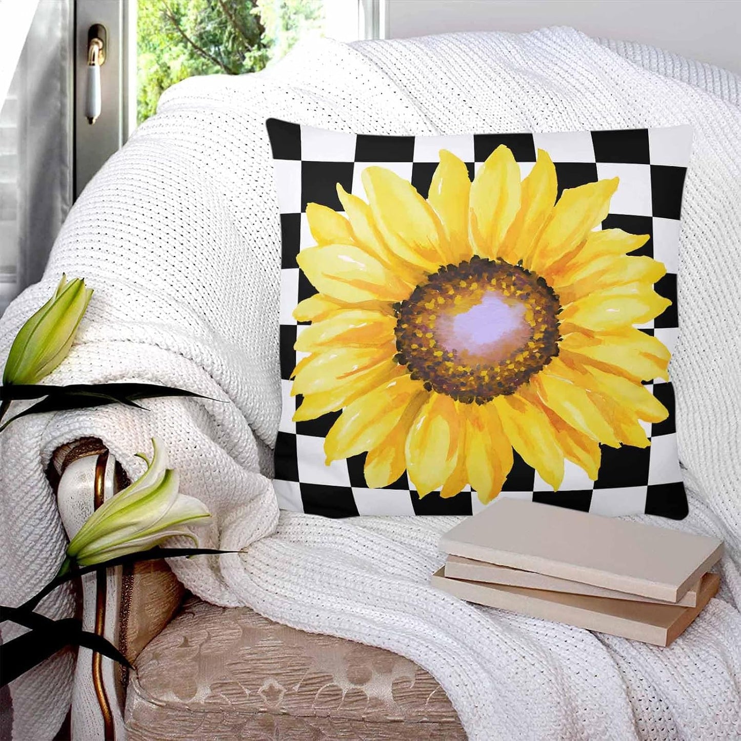Pillow Covers 20x20 Set of 2, Sunflower Square Throw Pillow Covers for Couch/Sofa/Living Room, Yellow Fall Floral Black White Lattice Check Decorative Soft Pillowcases for Couch Throw Pillows