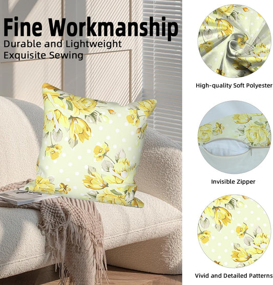 Light Yellow Flower Throw Pillow Covers Vintage Floral Plant Blooming Floral Boho Polka Dot 18x18 Set of 4 Cushion Cases for Outdoor Chair Couch Farmhouse Bed Room Office Balcony Home Car