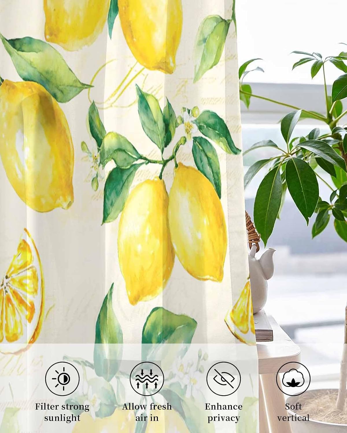 Yellow Lemon Sheer Curtains 90 Inch Length 2 Panels Set Summer Fruit Green Retro Farmhouse Leaf Curtain Drapes for Kitchen/Bedroom/Living Room/Doorway/Sliding Glass Door/Bathroom Window Panel 52x90