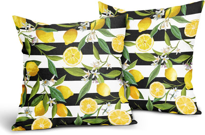 Lemon Pillow Covers 18x18 Inch Set of 2 Summer Fruit Black and White Stripes Linen Cotton Decorative Throw Pillow Case Floral and Leaves Cushion Cover for Bedroom Sofa Living Room Chair Home Decor