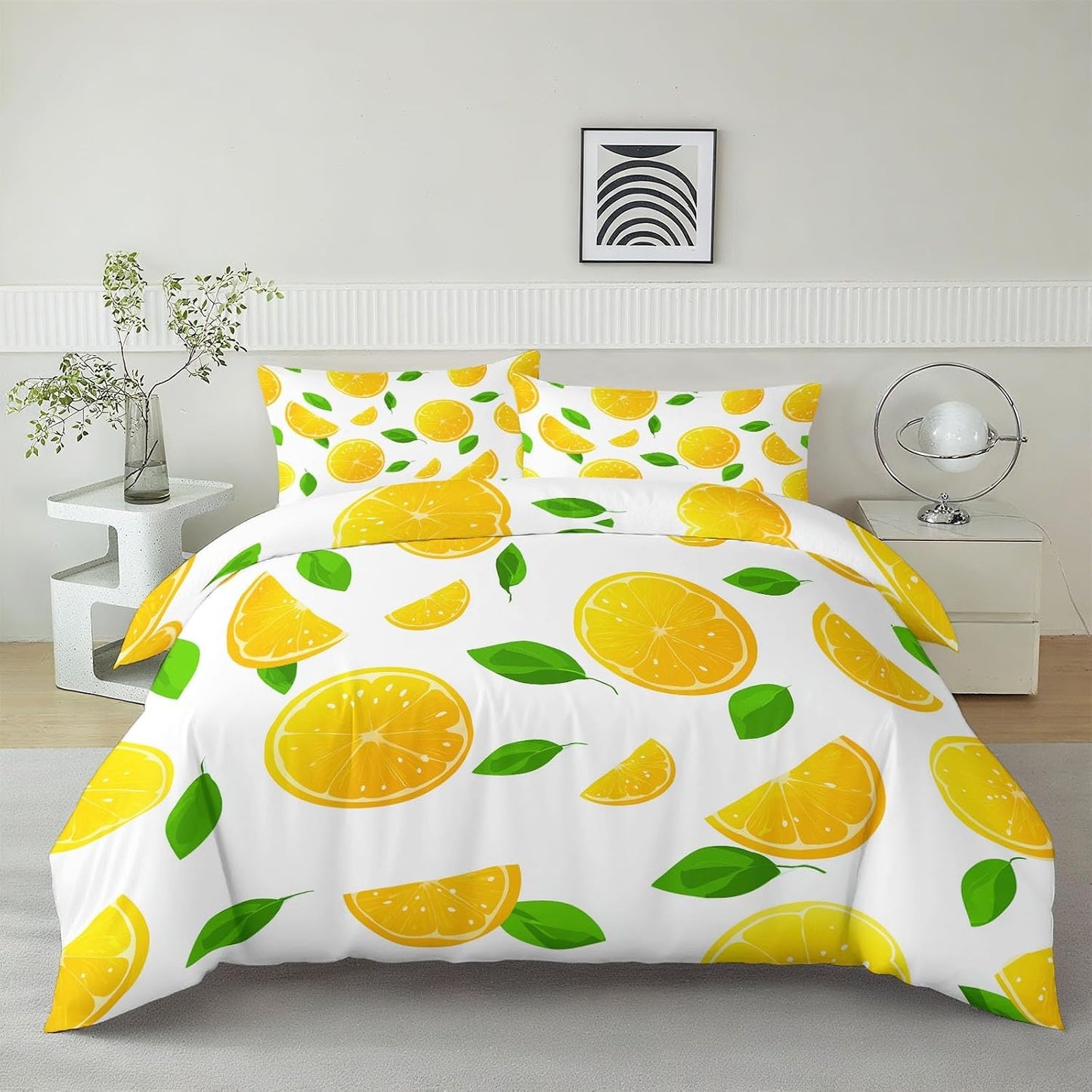 Boys Duvet Cover Set Cartoon Fruit Lemon (104 X 90 in) Bedding Set for Kids Teens Girls Room Decor, Yellow Reversible Quilt Cover King Size, 2 Pillowcase