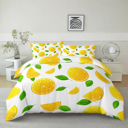 Boys Duvet Cover Set Cartoon Fruit Lemon (104 X 90 in) Bedding Set for Kids Teens Girls Room Decor, Yellow Reversible Quilt Cover King Size, 2 Pillowcase