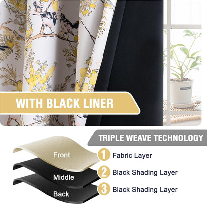 H.VERSAILTEX Floral 100% Blackout Curtains 63 inch Length 2 Panels Vintage Curtain Drapes Light Blocking Grommet Patterned Thermal Insulated Yellow Flower Curtains for Living Room, Mustard/Black