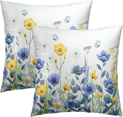 Imiss Blue Yellow Flowers Pillow Covers 18x18 Inch Set of 2, Poppy Floral Square Cushion Covers Spring Summer Seasonal Decor Pillowcase for Living Room Sofa Bedroom