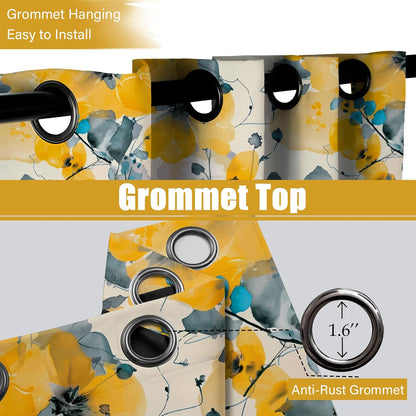 weesire 2 Pack Boho Floral Blackout Curtains, 52x84 Inches, Yellow Floral Pattern, Unlined, Grommet Top, Bedroom & Living Room