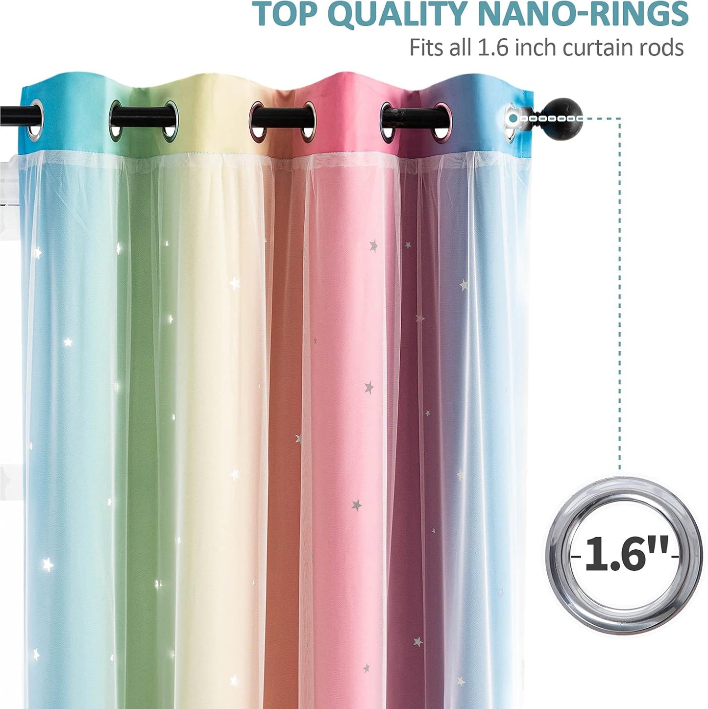Stiio Rainbow Curtains for Girls Bedroom - 2 Panel Star Curtains with Sheer Double Layer Blackout, 52 x 63 inch Ombre & Yellow Pink