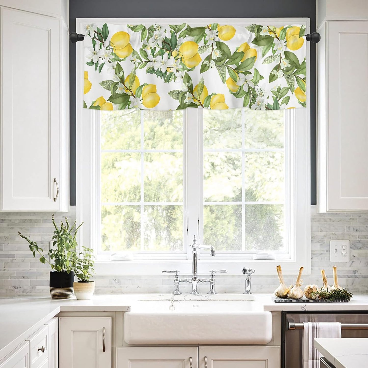 Summer Lemon Curtains for Bedroom Living Room Watercolor Plant Fruit Art Shades Curtains & Drapes Summer Rustic Fresh Flower Leaf Aesthetic Pocket Valances Kitchen Window Curtains Over Sink 54x18in