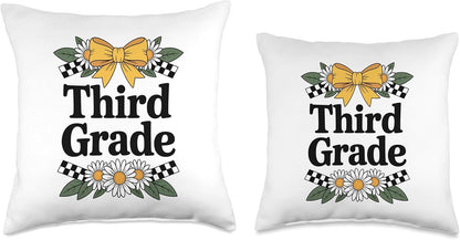 Funny Back To School Teacher Third Grade Floral Yellow Bow Throw Pillow