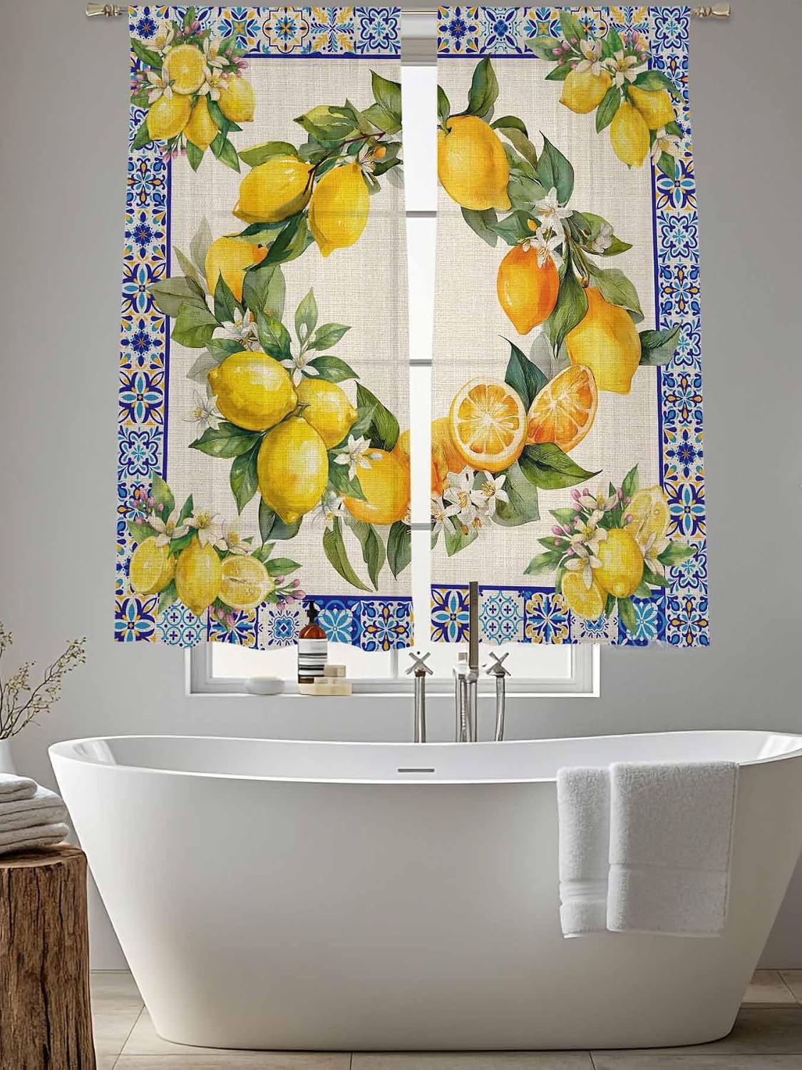 Summer Lemons Semi Sheer Curtains 72 inch length 2 panels set Vintage Yellow Fruit Flower Blue Ethnic Plaid Kitchen Curtains Rod Pocket Sheer Drapes for Bedroom Living Room, Voile Window Treatment