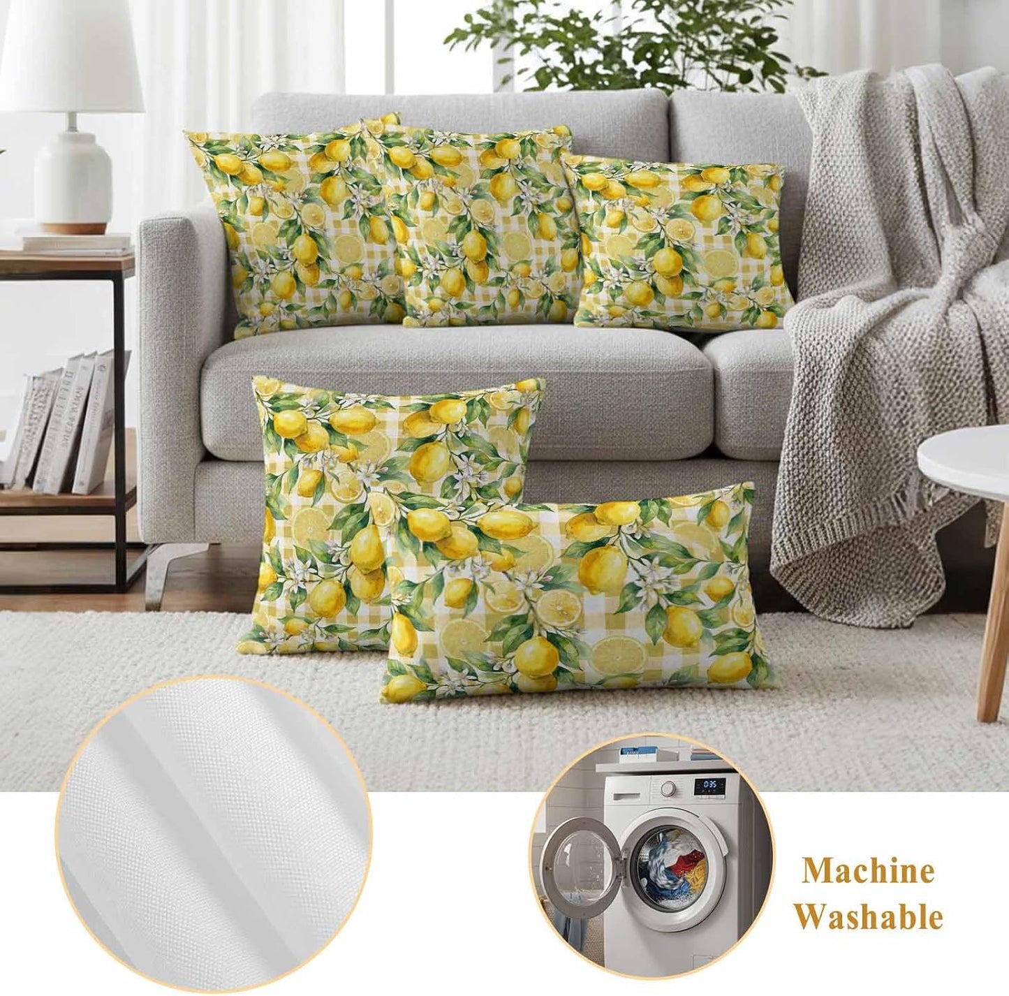 Outdoor Pillow Covers 18x18 Pack of 2, Summer Lemon Country Leaves Decorative Pillow Cover Waterproof Pillowcase, Yellow White Buffalo Check Farmhouse Cushion Covers for Garden Patio Sofa Couch Bench